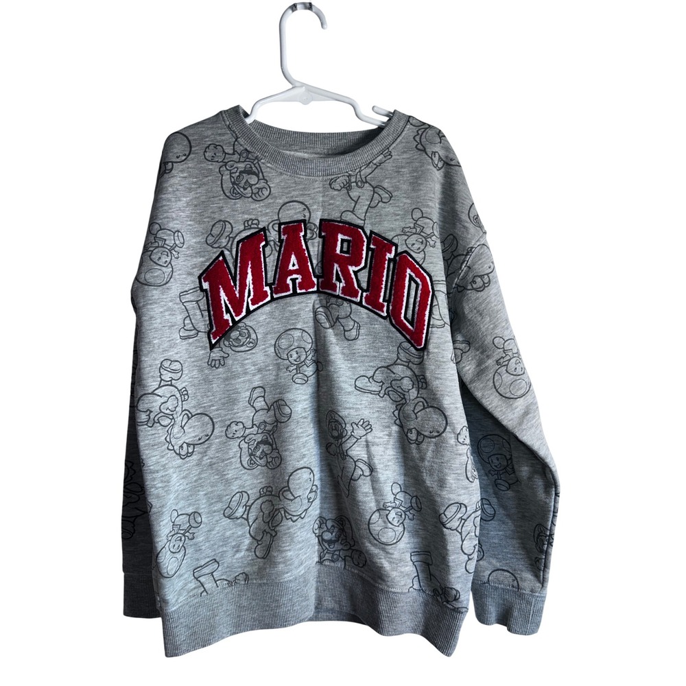 Nintendo Super Mario Sweatshirt Size 10 Grey All Over Print Patch Kids